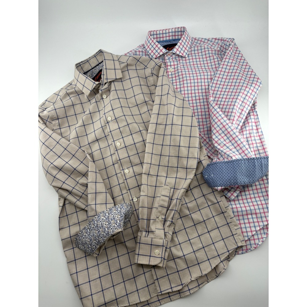 Lot of 2 Egara Slim Fit Stretch Non Iron Dress Shirts Mens Medium Plaid Bundle